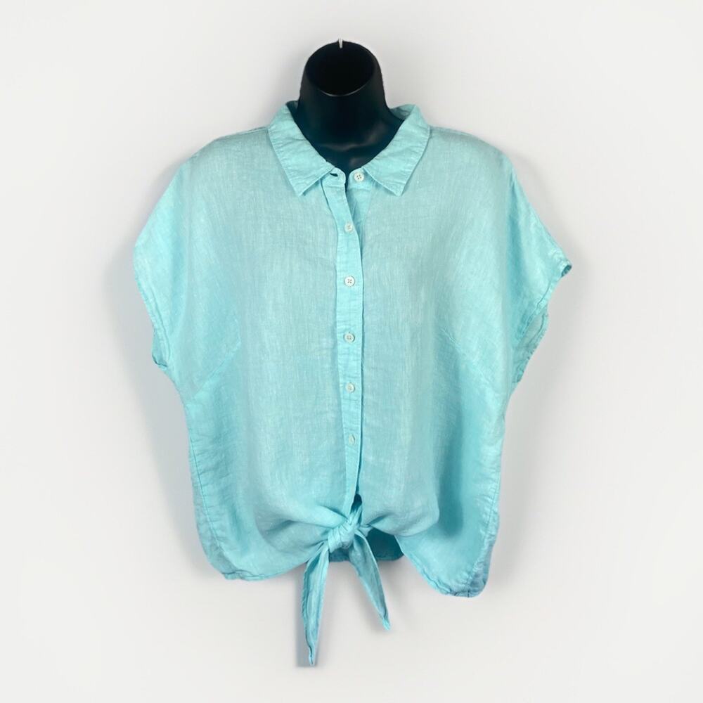 Talbots 100% Linen Button Up Women’s Tie Waist Blue Size XL CA 23147
